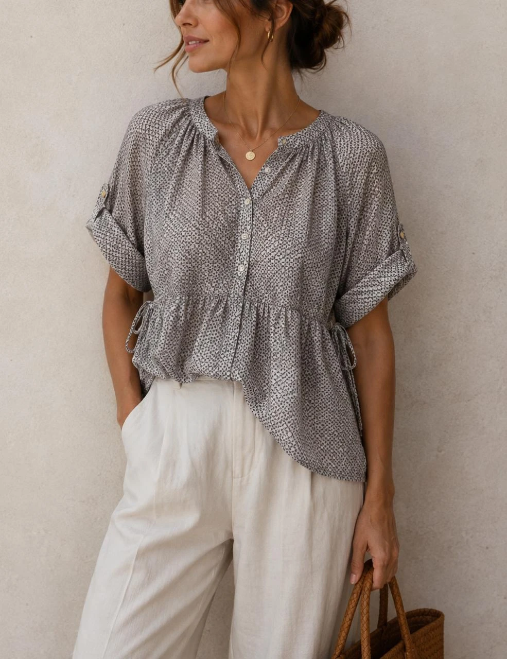 Straboski 100% Algodão Boho Geométrico Peplum Blusa M 38 Mangas Ajustáveis – photo 3